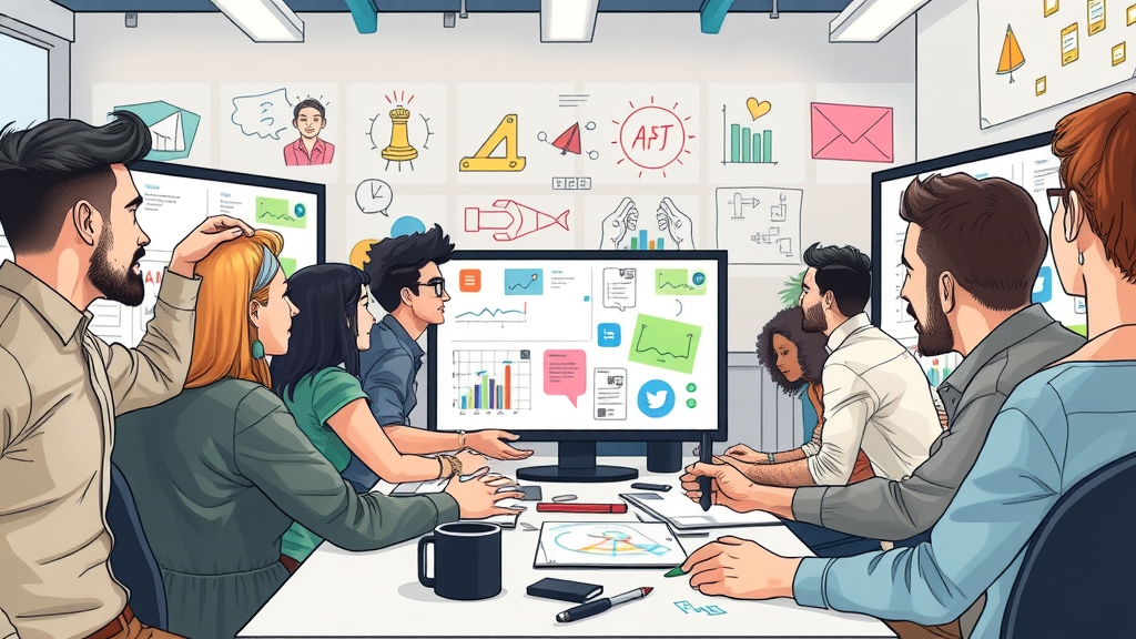 diverse creative team designing digital ad creatives on monitors for programmatic marketing display ads
