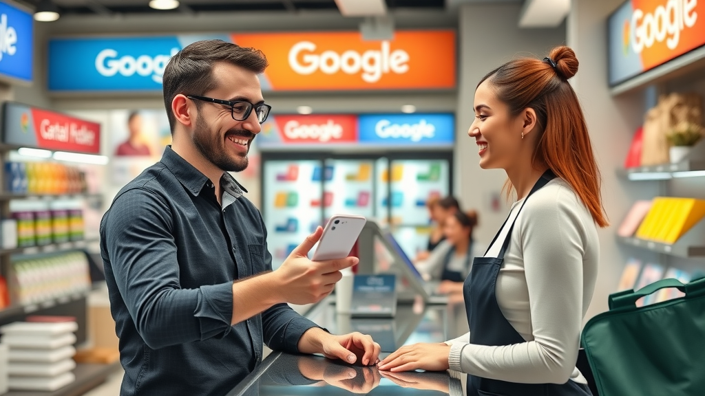 friendly business staff kindly asking happy customers for Google reviews, retail shop with vibrant branding