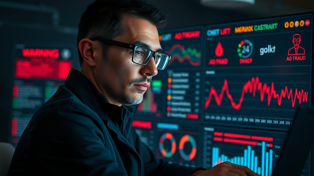 Serious cybersecurity expert monitoring for ad fraud on a digital dashboard for display ads programmatic marketing