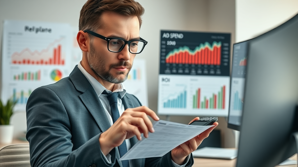 Small business owner calculating programmatic ad spend and reviewing ROI – programmatic marketing for small businesses