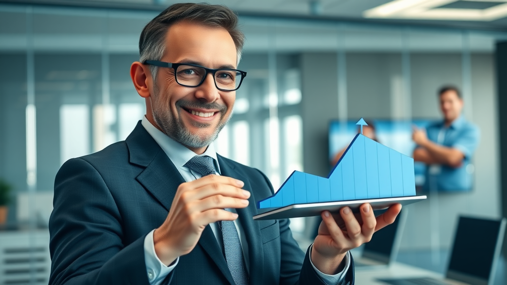 Confident business leader presenting upward business growth chart on smart tablet to highlight the benefits of display ads programmatic marketing