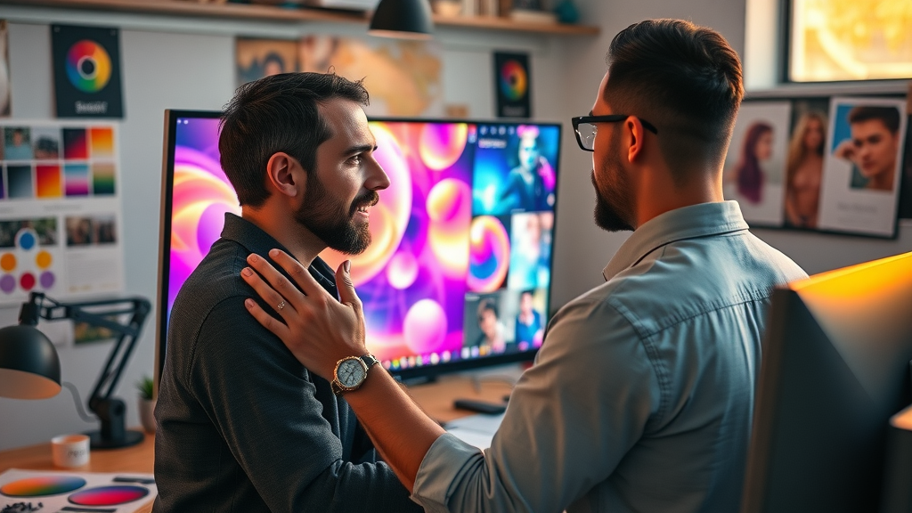 ad designer refining vibrant display ad to capture customer attention and match brand identity