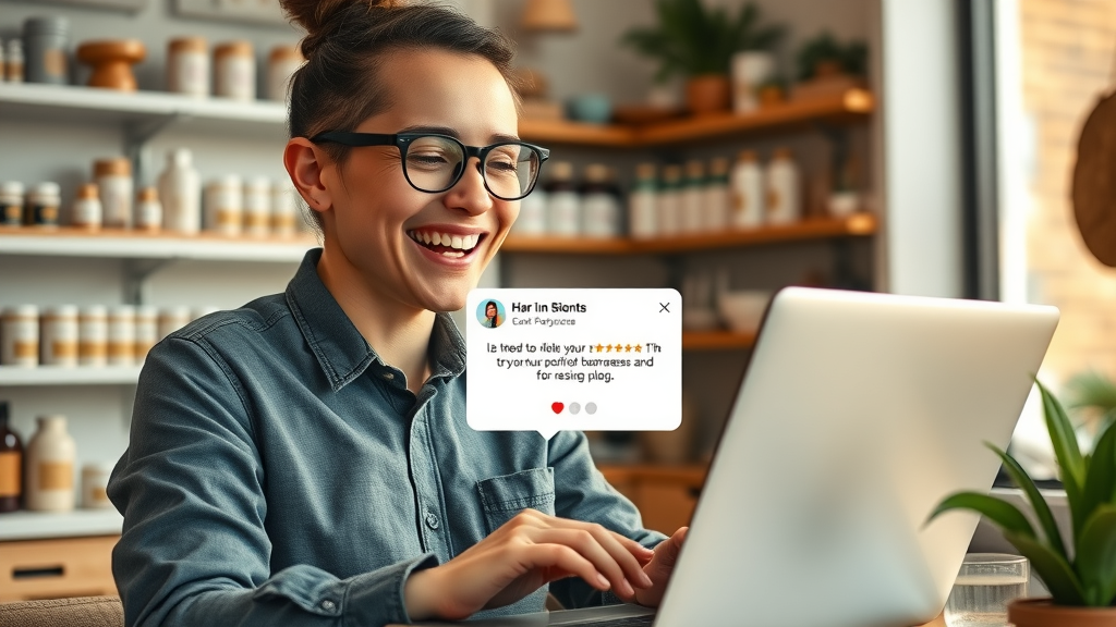 happy small business owner receiving positive feedback notifications on laptop, boutique shop environment, shelves, pop-up notification animation
