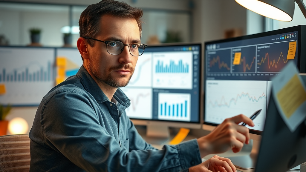 marketing analyst reviewing display ad statistics and conversion rate graphs in modern workspace