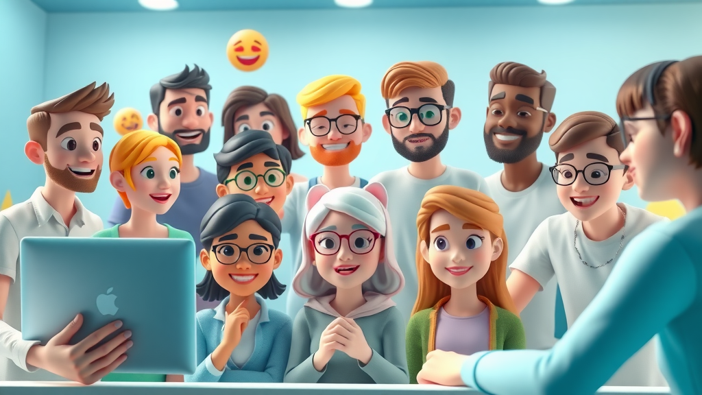 diverse group engaging in community discussion on digital forum, brand community building, 3D cartoon, detailed, no disfigured features, no text