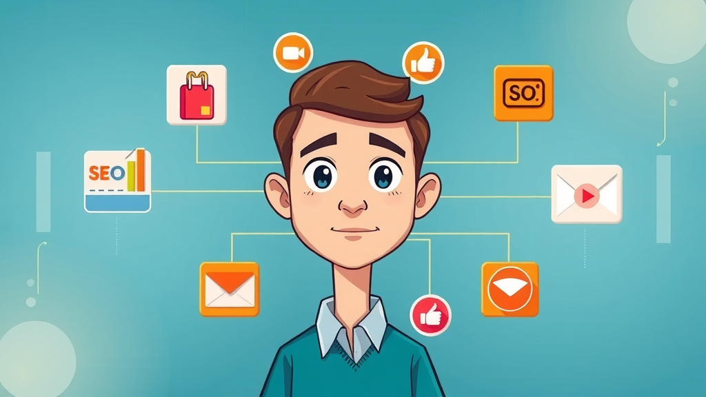 Infographic showing content marketing, SEO, social media, email, PPC, influencer, and video marketing services