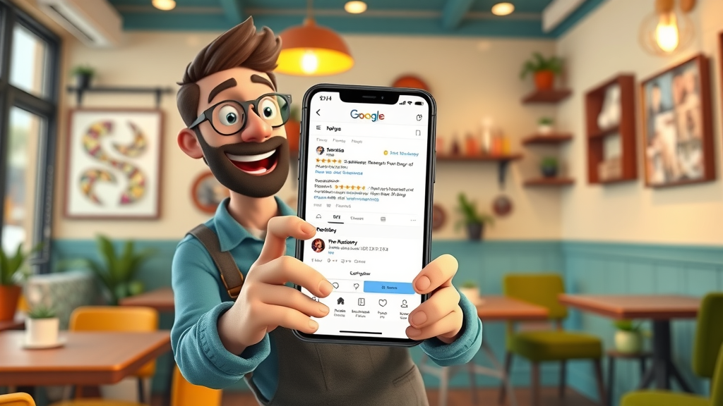 colorful animated storyboard of a business owner sharing a Google review in an Instagram Story, dynamic motion effect, café interior