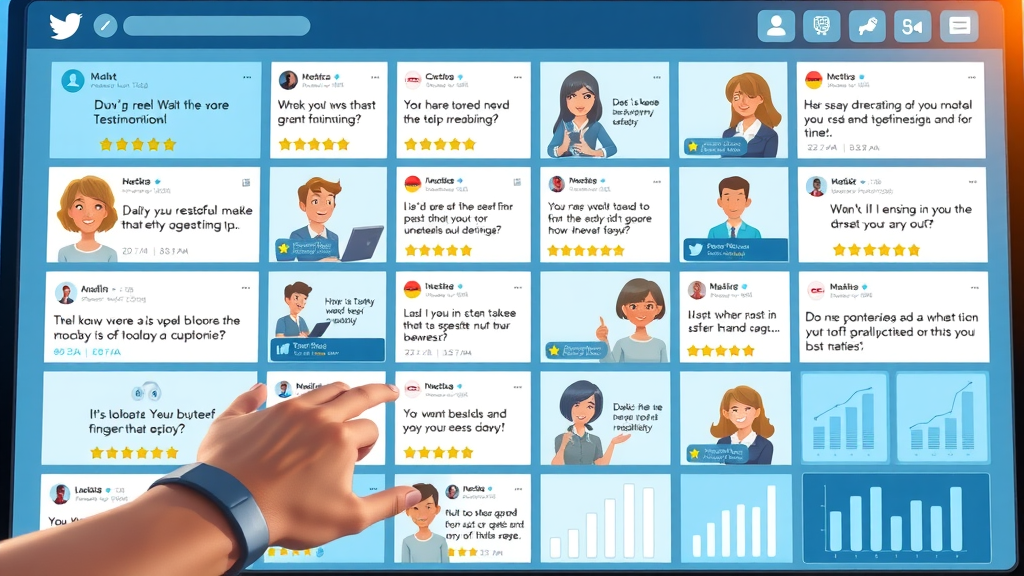 engaging social media post grid displaying positive customer testimonials, branded posts highlighting star ratings, digital dashboard with analytic graphs