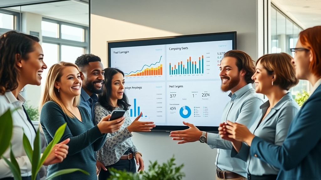 diverse marketing team analysing campaign KPIs from display ad dashboards