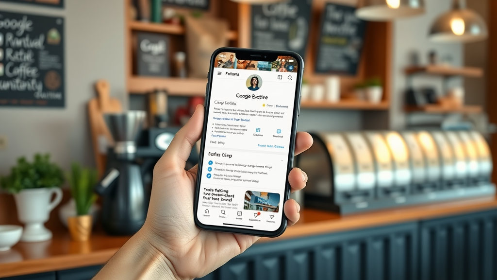 sleek smartphone display showing Google Business Profile listing, informative, coffee shop counter, hand holding phone, branded décor