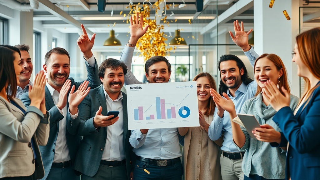 celebrating business team with increased brand awareness and digital campaign results