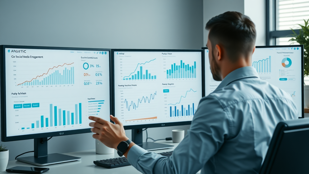 analytical dashboard showing social media engagement metrics, business owner reviewing analytics, workstation with dual monitors
