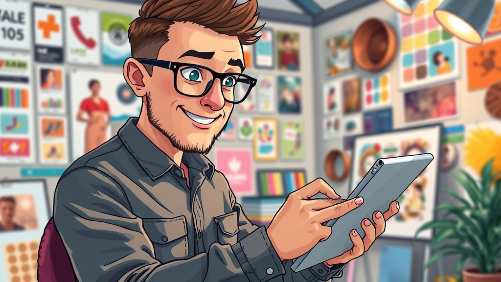 ad designer creating colourful banner ads with digital tablet and inspiration boards