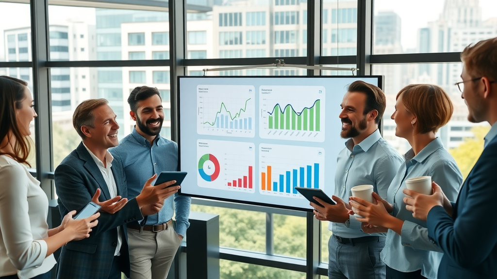 Dynamic business team analyzing digital marketing results, content marketing services