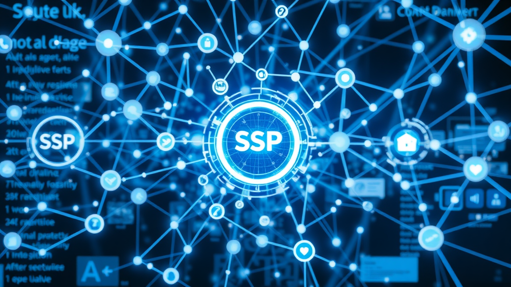 Futuristic digital illustration of connected DSPs, SSPs, ad exchanges and display network for programmatic advertising