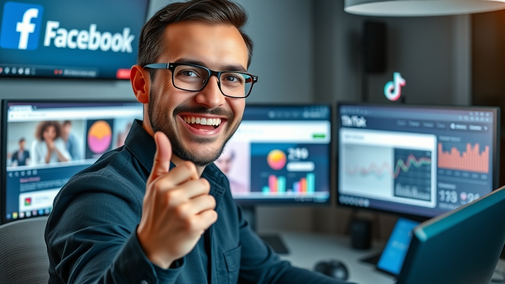 savvy digital marketer launching a social media ad campaign, facebook ads, instagram, tiktok, alternative to ppc marketing, high-tech workspace, detailed faces, no disfigured features, no text