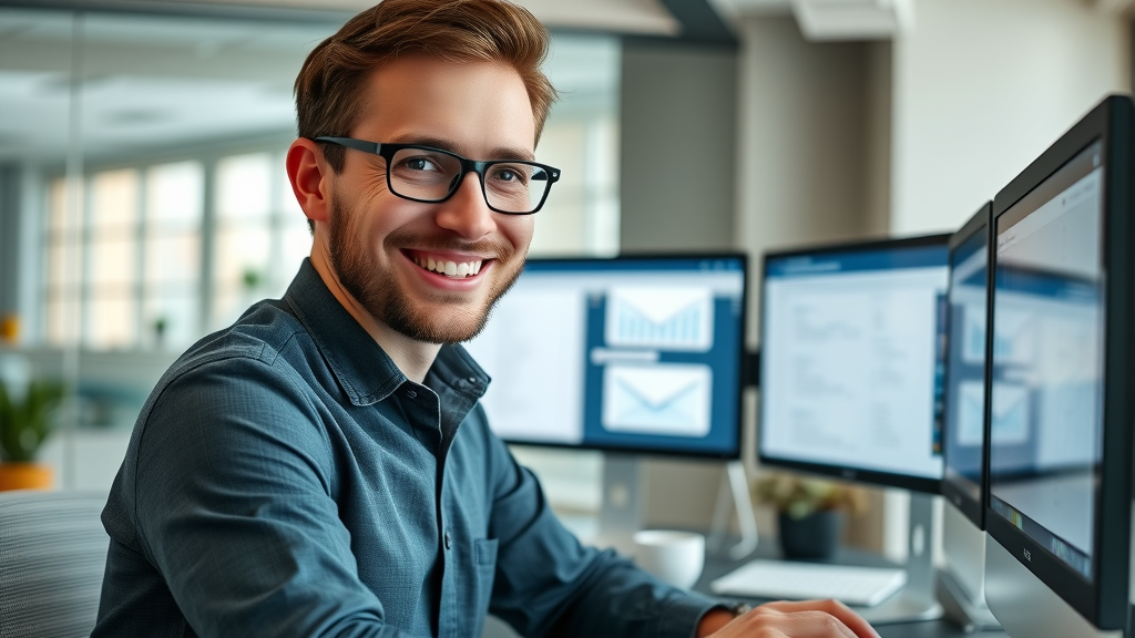 focused marketer scheduling automated email campaigns, email marketing, digital marketing workspace, highly detailed, no disfigured features, no text