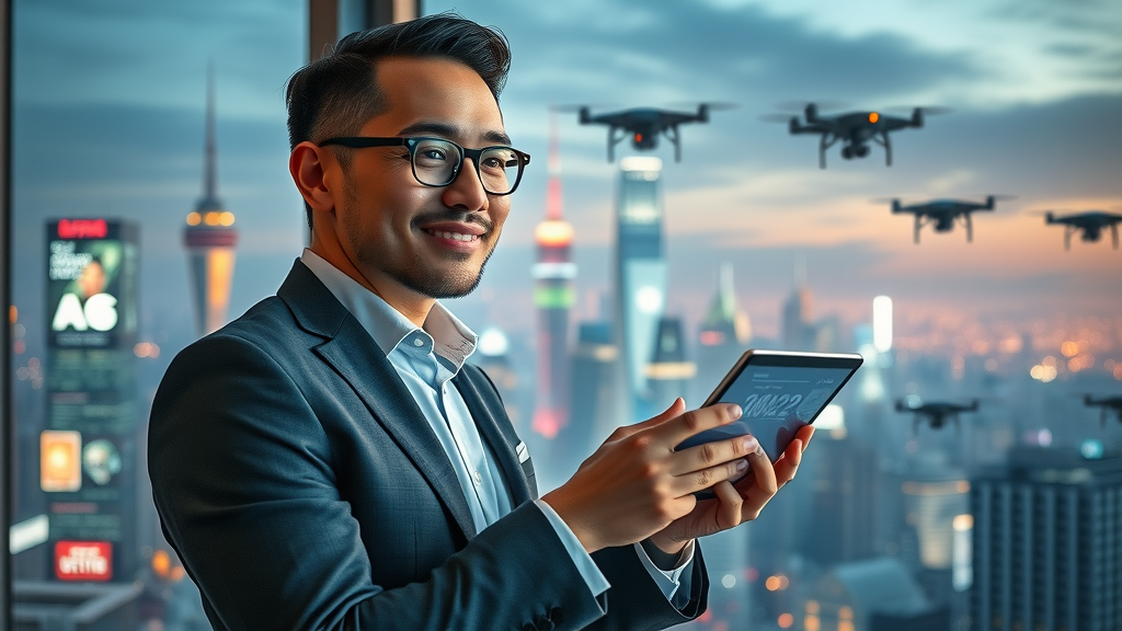 marketing executive reviewing futuristic display ad results in a cityscape with digital billboards