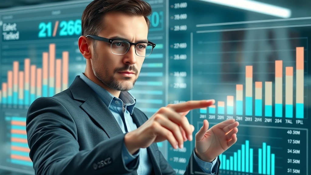 Intent digital marketing manager setting target KPIs for display ads programmatic marketing on a touchscreen interface with futuristic dashboard