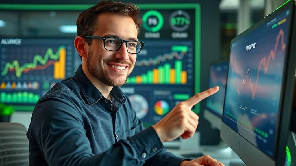 Marketer analyzing programmatic display campaign metrics for impressions, clicks, conversions, and viewability