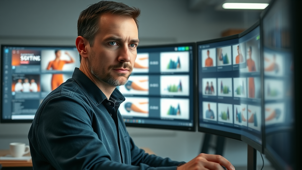 analytical marketer reviewing digital grid of ad sizes and formats for display campaign