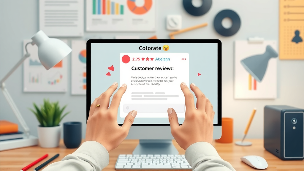 Instagram post template featuring highlighted customer review, creative design process, graphic design workspace, hands arranging template on screen