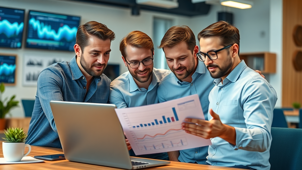 innovative marketing team collaborating around a laptop reviewing charts, alternative to ppc marketing strategy, photorealistic, modern office, digital wall screens, dynamic energy, professional lighting, cool blues and wood decor, no disfigured features, no text