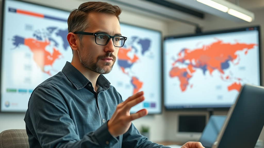 Thoughtful data analyst reviewing segmented audience clusters on a digital map for display ads programmatic marketing