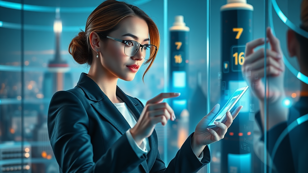 futuristic businesswoman interacting with a holographic ad-buying interface representing digital advertising automation in programmatic marketing display ads
