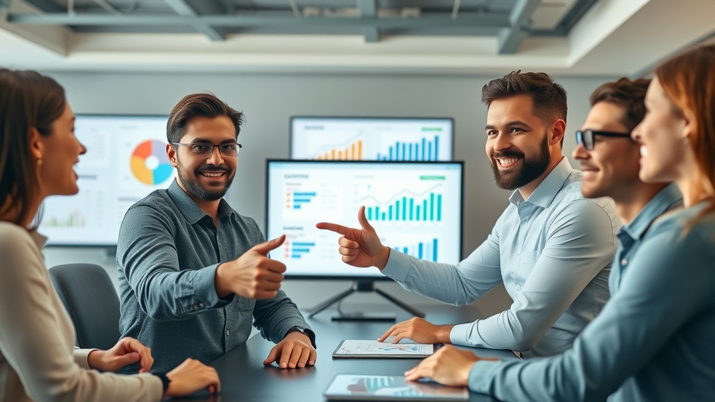 Confident marketers reviewing campaign analytics and ROI charts on digital screens, showcasing display ads programmatic marketing success