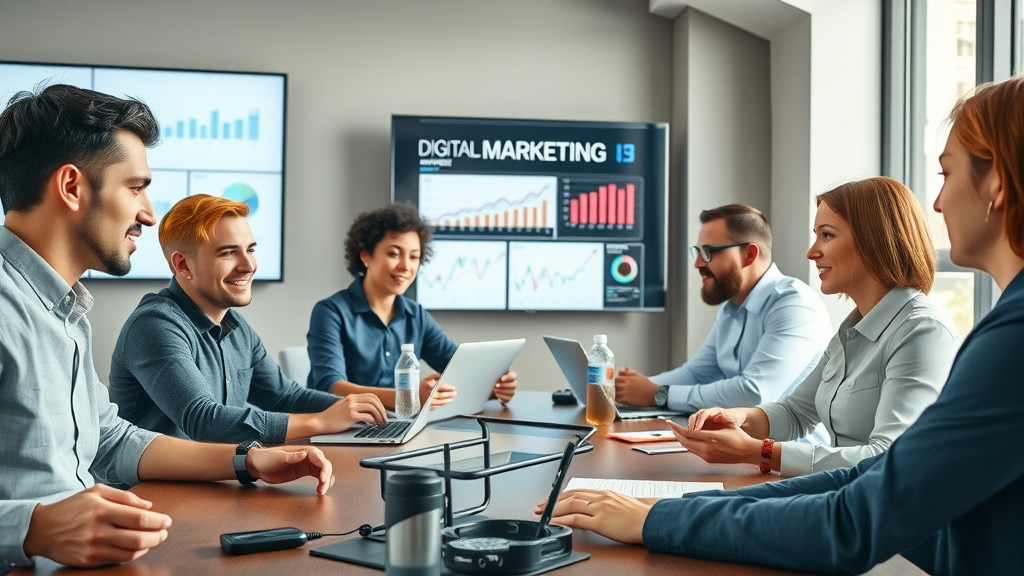 digital marketing agency services team discussing strategies in a modern office with digital analytics
