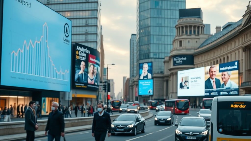 digital presence in London cityscape with digital billboards showing analytics, digital marketing visuals