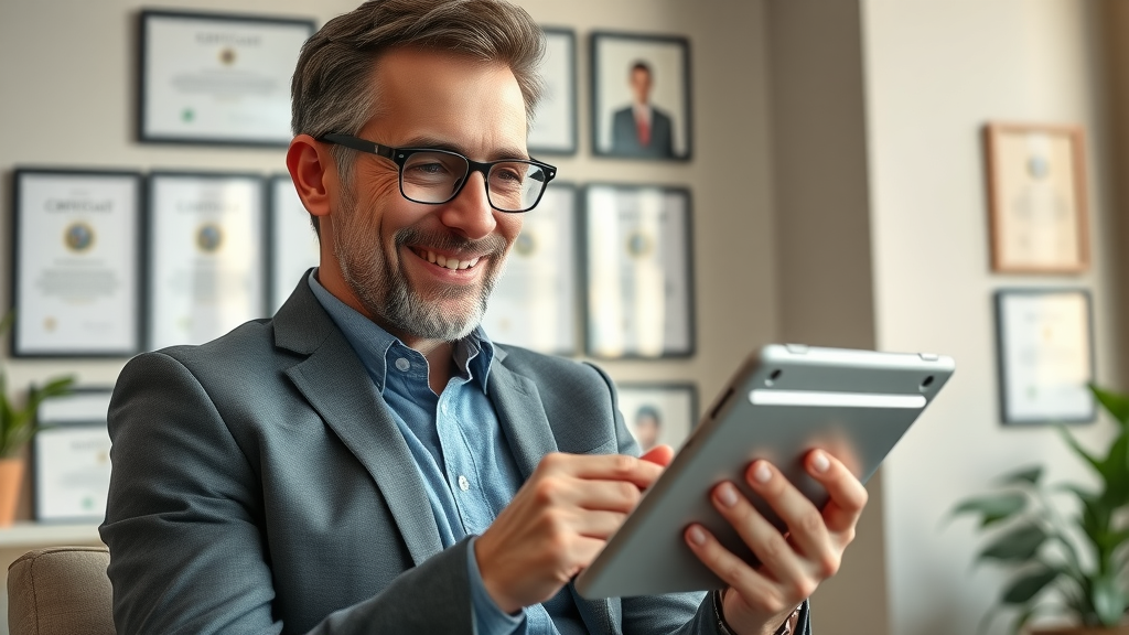 digital marketing agency services client reading positive reviews in a stylish office, reputation management success