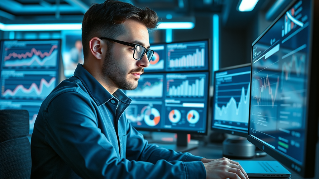 focused digital marketer examining conversion rate optimisation charts on screens using analytics tools