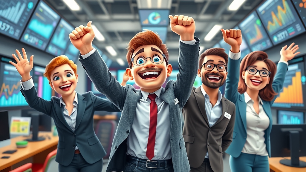 successful London business people celebrating digital marketing results in an office