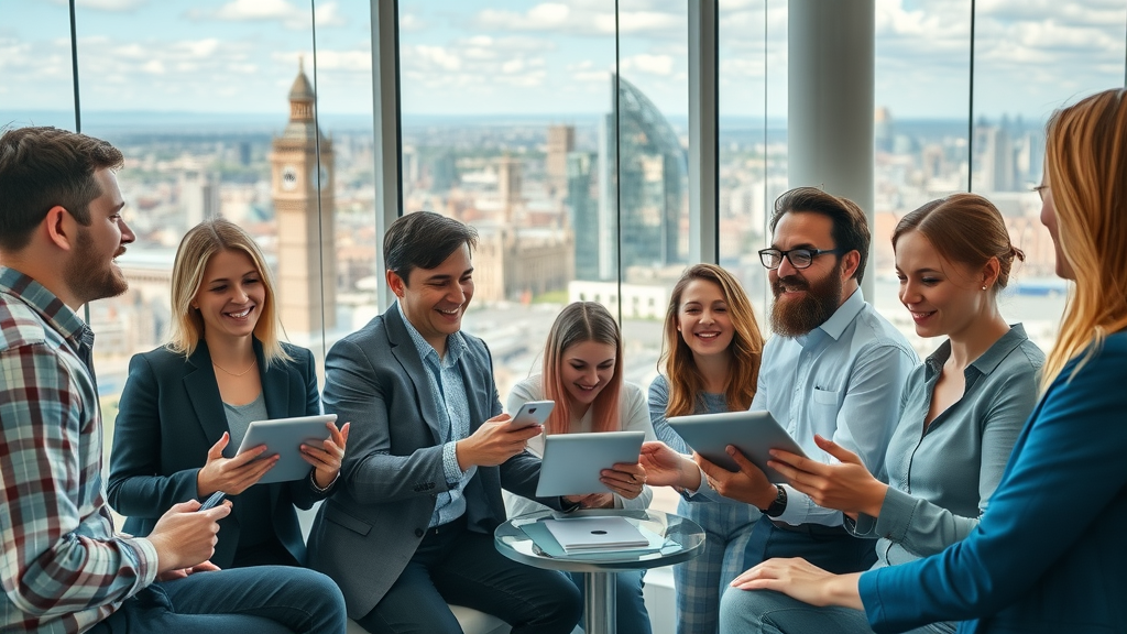 Greater London digital marketing agency services: professionals collaborating in a panoramic London office with iconic city views, bright and positive atmosphere