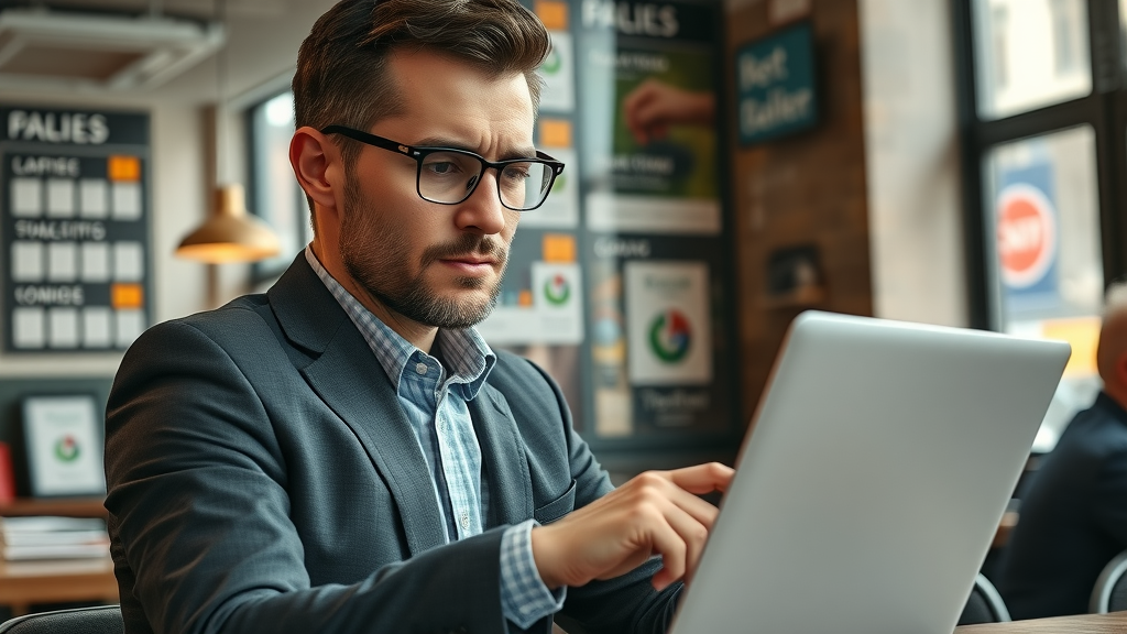 Small business owner in London reviewing digital marketing campaign results on a laptop, inside a vibrant urban café