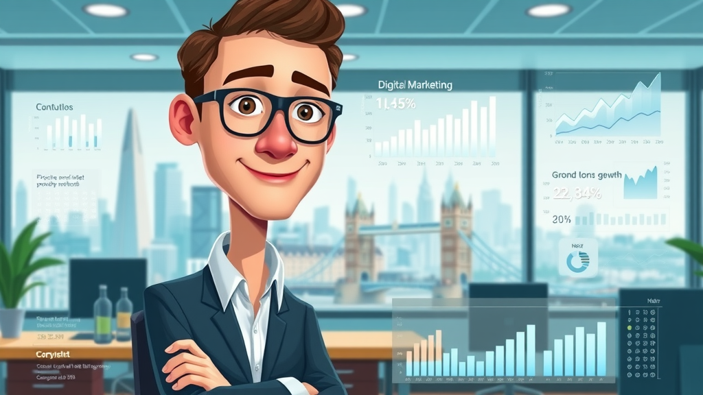 Infographic illustrating digital marketing growth with London business icons and animated charts
