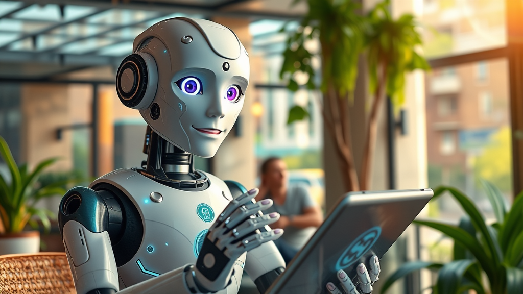 Animated chatbot interface assisting customers on a tablet, in a modern London café environment