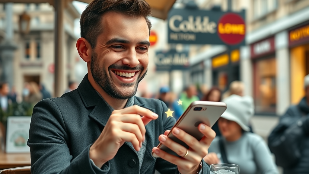 Happy London customer posting Google review on a smartphone at a stylish café, representing positive digital marketing outcomes