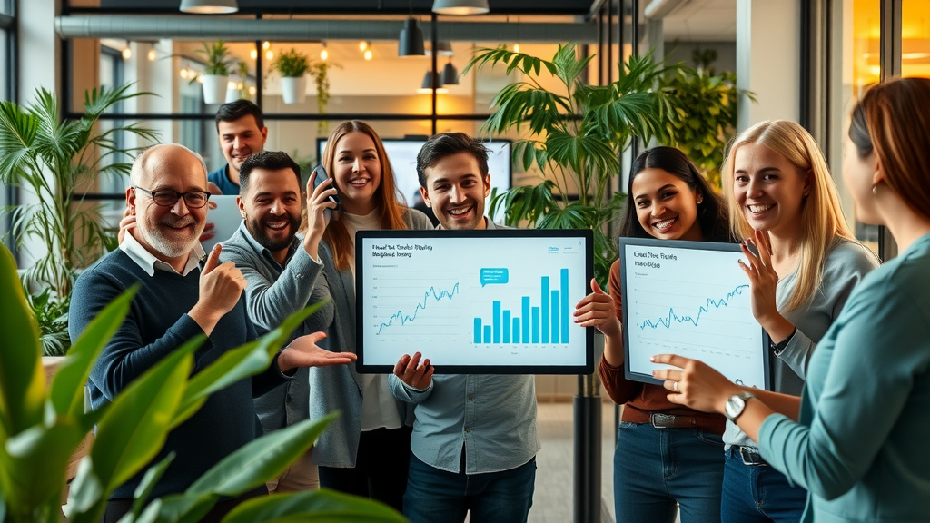 Enthusiastic digital marketing agency team presenting client growth metrics in a modern London office