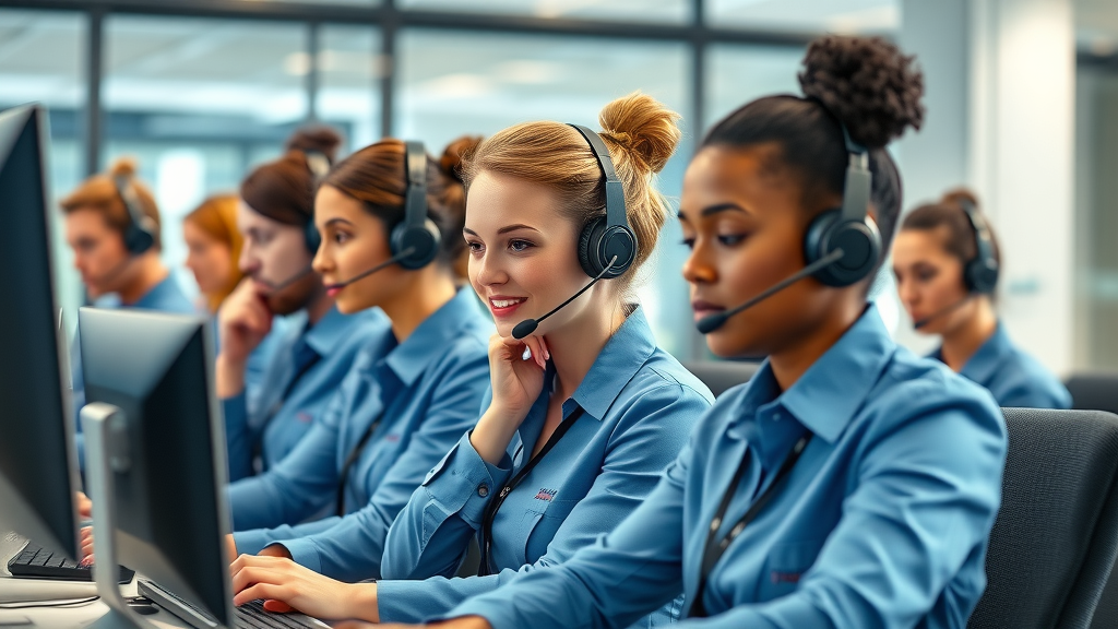 Call center for virtual receptionist call answering in the UK, diverse team managing calls, business branding visible.