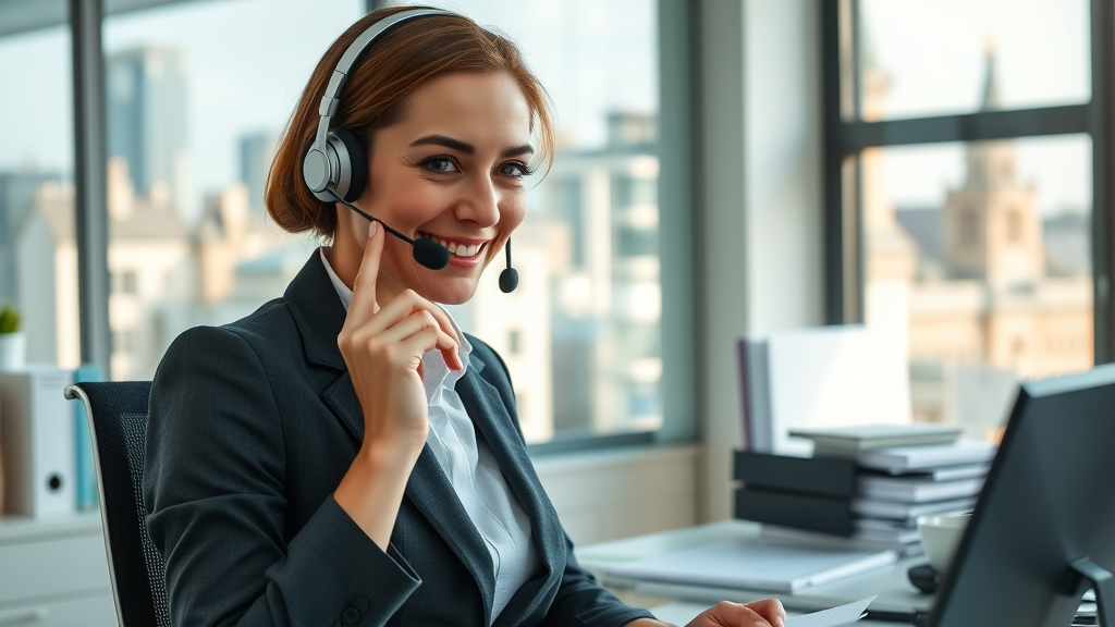 Businesswoman using headset for professional virtual receptionist call answering in a London office, city skyline visible.
