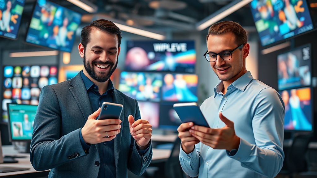 modern digital marketers, confident expressions, strategizing with social media apps, High Fantasy, sleek agency office filled with tech screens, highly detailed, dynamic screens and holograms, vivid multi-color palette, sharp studio lighting, shot with a 24mm lens. Faces, limbs, hands are natural. No text.