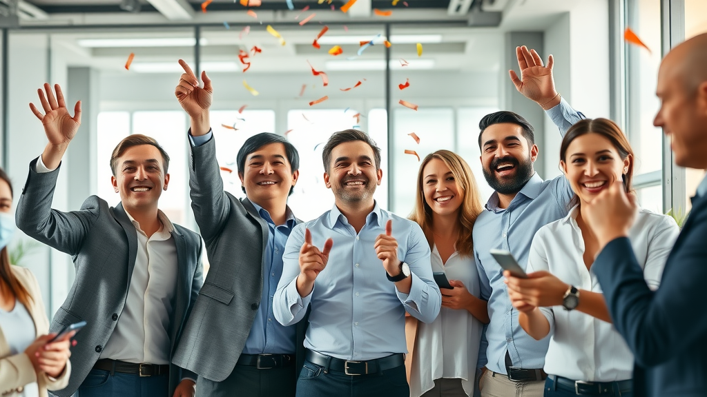 happy business team, relieved expressions, celebrating results after campaign launch, social media marketing agency, Photorealistic High Fidelity Lifelike, modern conference room with visible social media charts and devices, highly detailed, confetti and celebratory gestures, bright modern interiors, daylight streaming in, shot with an 85mm lens. Faces, limbs, and hands natural. No text in image.