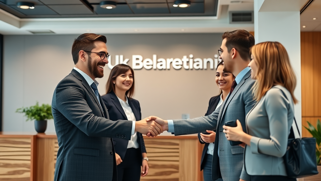 professional UK marketing agency team, welcoming and attentive, shaking hands with a client, social media marketing agency, Photorealistic High Fidelity Lifelike, stylish agency reception area with UK branding, highly detailed, subtle movement in business attire, neutral professional colors, balanced soft commercial lighting, shot with a 35mm lens. Faces and hands natural. No text.