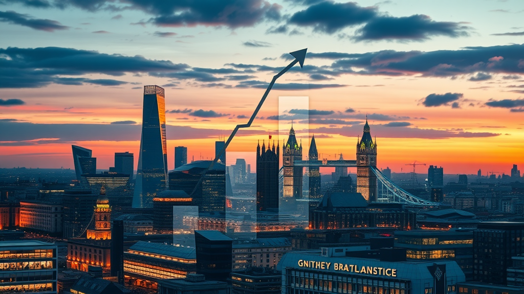 Greater London skyline with digital overlay showing targeted website traffic performance and business growth metrics