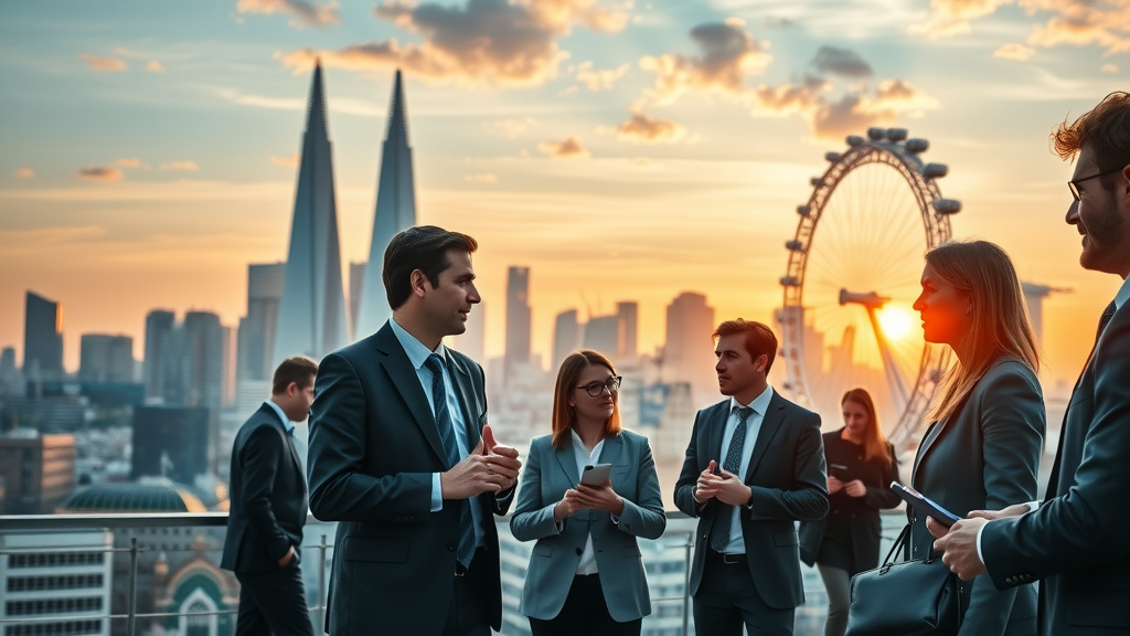 dynamic London skyline at sunrise, bustling city, business professionals networking, modern urban backdrop with The Shard and London Eye, social media marketing for London businesses