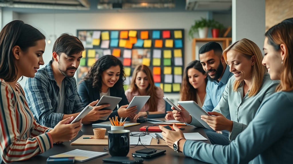 creative social media content creation process, diverse team developing digital campaigns in London office, media strategy and content creation