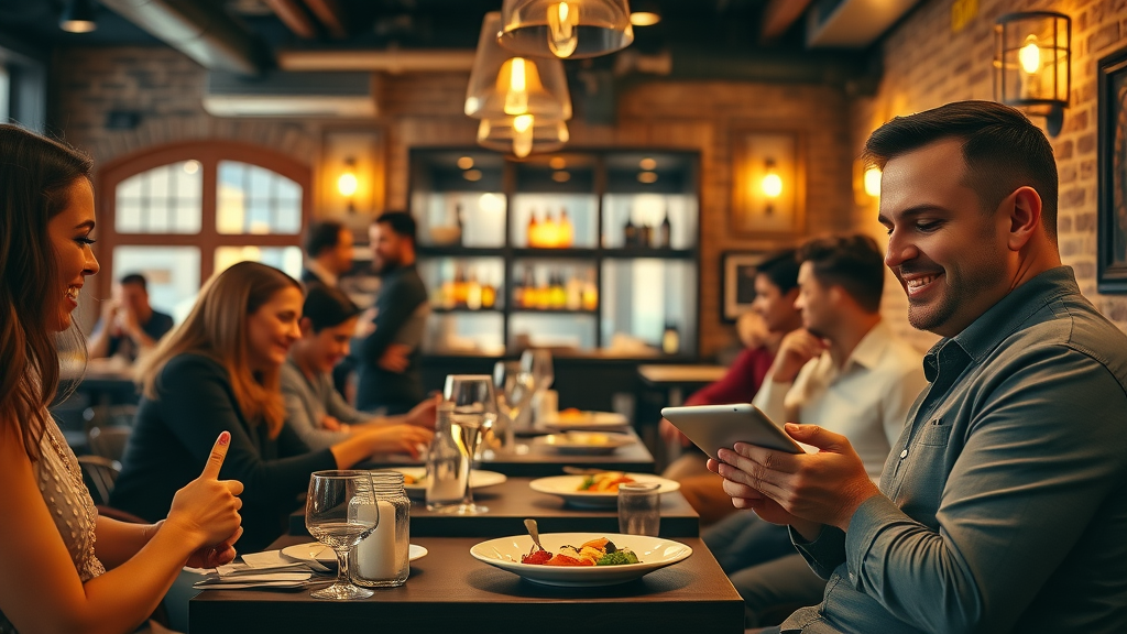 warm inviting London restaurant owner checks online bookings, happy diners, social media agency boosting small business online presence